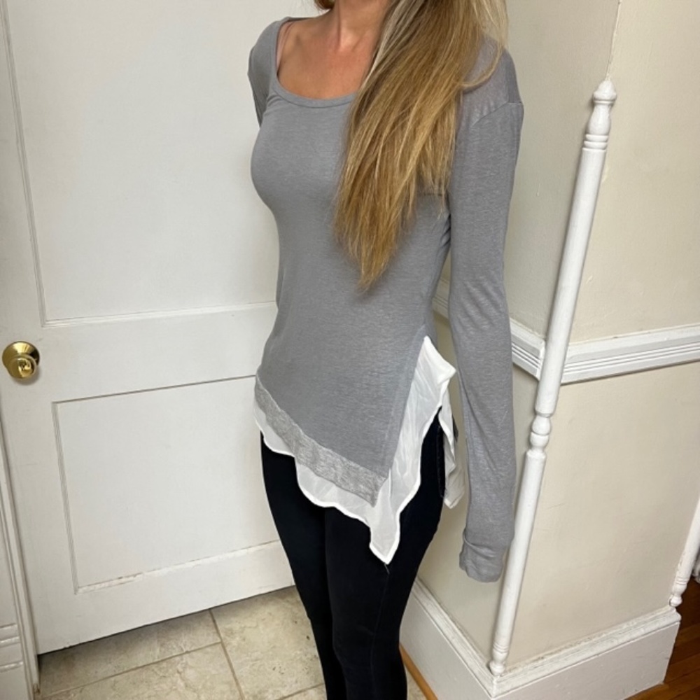 All Saints light grey long top/sweater with silk white trimming Size 2